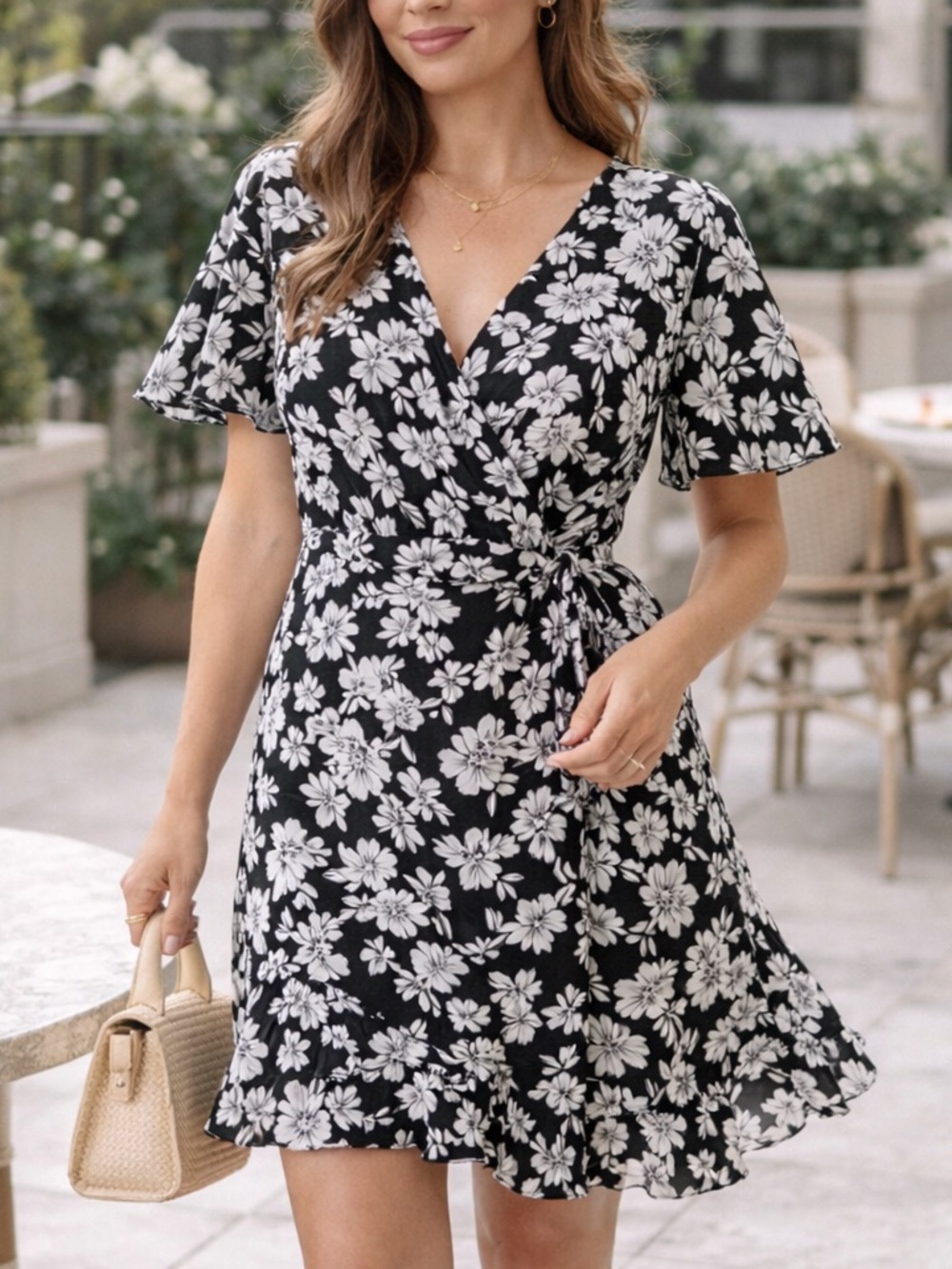 Alex Marie 16P Black White Floral Wrap Dress Flutter Sleeve NWT Runs Small